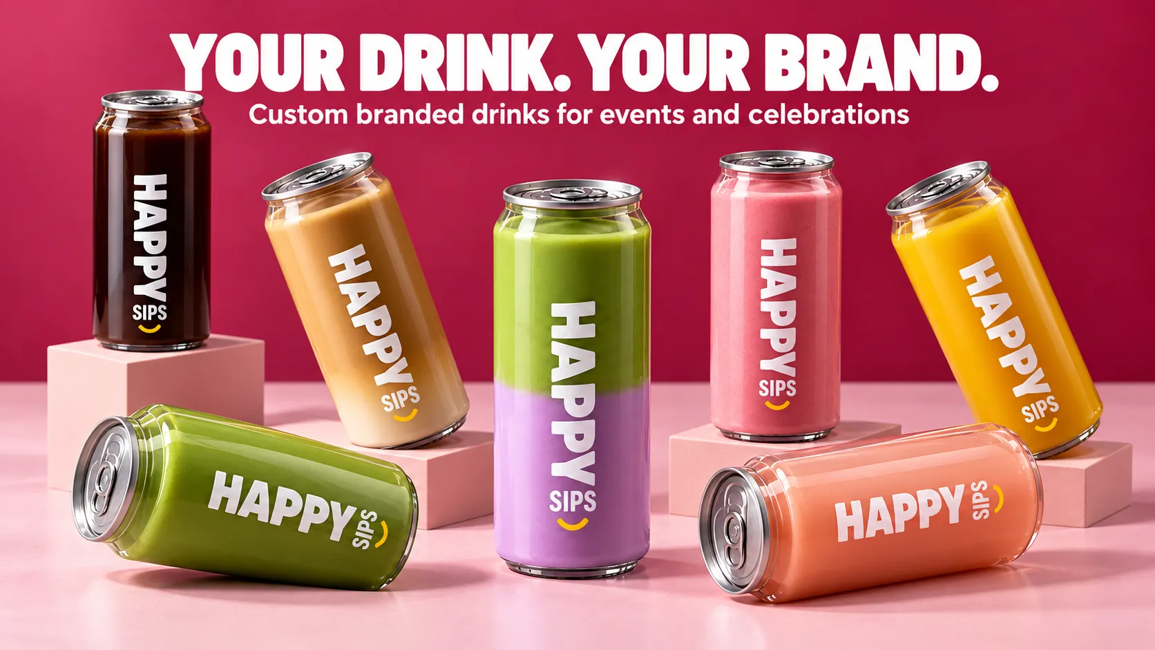 Branded iced coffee, matcha and mocktail cans for events